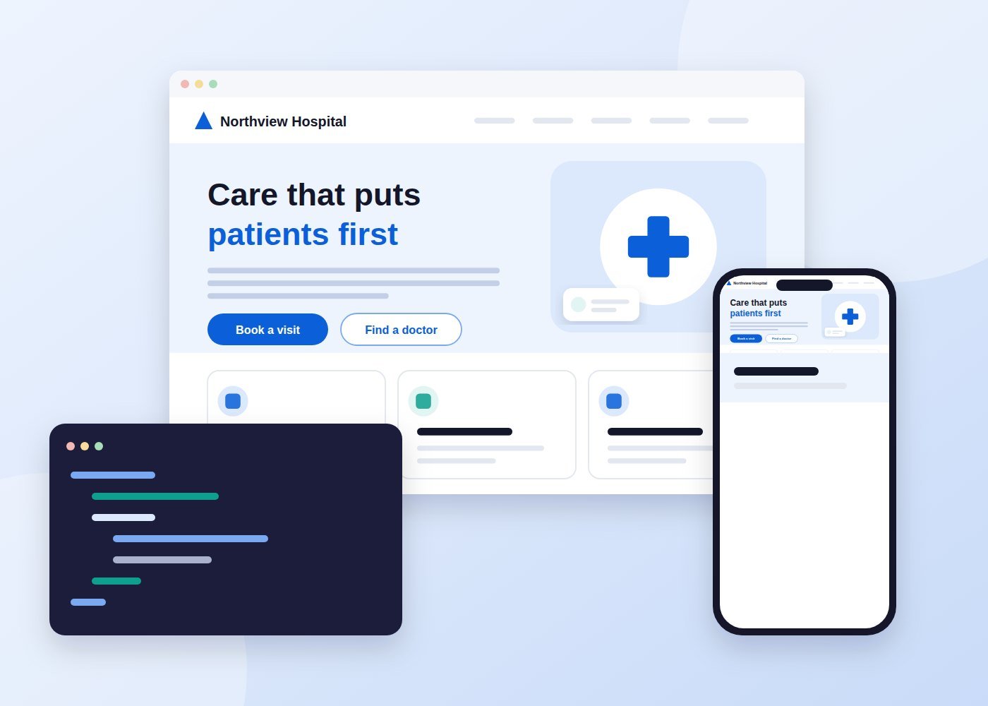 Hospital website shown on desktop and mobile alongside front-end code